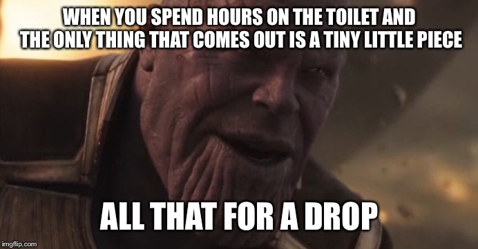 Thanos "All that for a drop of blood" | WHEN YOU SPEND HOURS ON THE TOILET AND THE ONLY THING THAT COMES OUT IS A TINY LITTLE PIECE; ALL THAT FOR A DROP | image tagged in thanos all that for a drop of blood,memes | made w/ Imgflip meme maker