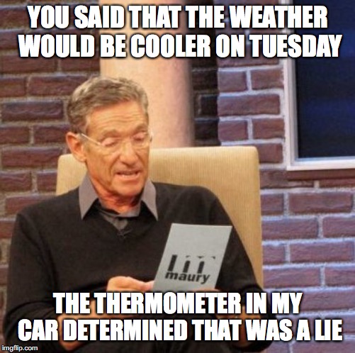 Maury Lie Detector Meme | YOU SAID THAT THE WEATHER WOULD BE COOLER ON TUESDAY; THE THERMOMETER IN MY CAR DETERMINED THAT WAS A LIE | image tagged in memes,maury lie detector | made w/ Imgflip meme maker
