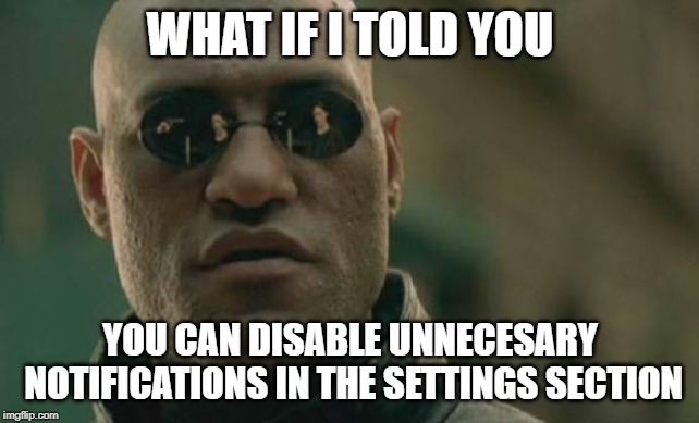 Just so you know | WHAT IF I TOLD YOU; YOU CAN DISABLE UNNECESARY NOTIFICATIONS IN THE SETTINGS SECTION | image tagged in memes,matrix morpheus,settings,notifications,what if i told you,stop reading the tags | made w/ Imgflip meme maker