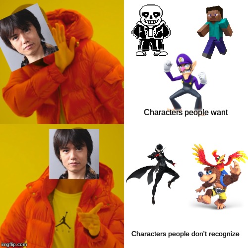 Smash Ultimate DLC in a nutshell | Characters people want; Characters people don't recognize | image tagged in memes,drake hotline bling,super smash bros,smash bros,dlc,nintendo | made w/ Imgflip meme maker