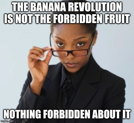 Boss lady | THE BANANA REVOLUTION IS NOT THE FORBIDDEN FRUIT; NOTHING FORBIDDEN ABOUT IT | image tagged in boss lady | made w/ Imgflip meme maker