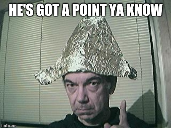 tin foil hat | HE'S GOT A POINT YA KNOW | image tagged in tin foil hat | made w/ Imgflip meme maker