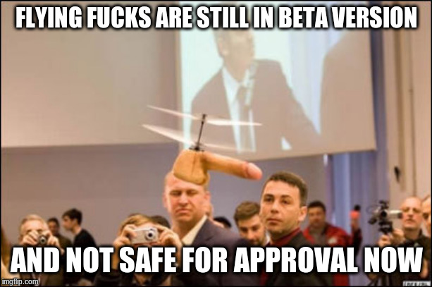 Flying Fuck | FLYING F**KS ARE STILL IN BETA VERSION AND NOT SAFE FOR APPROVAL NOW | image tagged in flying fuck | made w/ Imgflip meme maker
