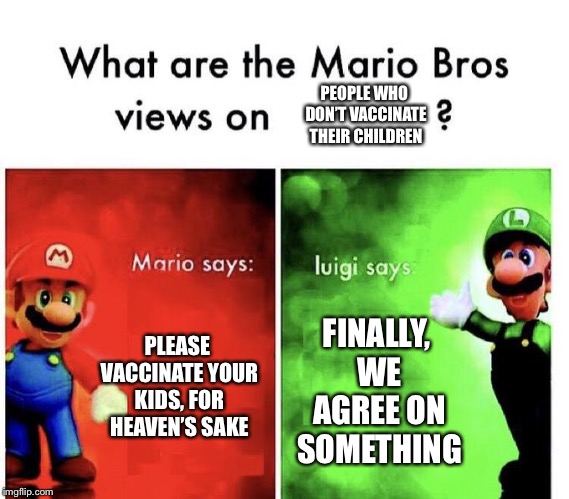 Mario Bros Views | PEOPLE WHO DON’T VACCINATE THEIR CHILDREN; PLEASE VACCINATE YOUR KIDS, FOR HEAVEN’S SAKE; FINALLY, WE AGREE ON SOMETHING | image tagged in mario bros views | made w/ Imgflip meme maker