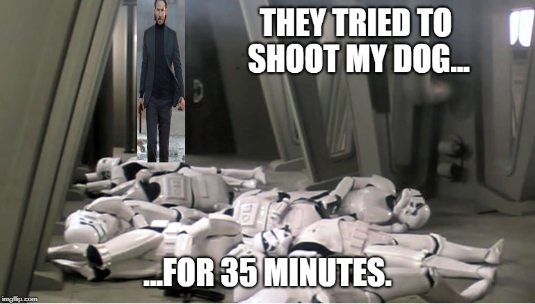 Ready, Aim, Aim, Aim... | THEY TRIED TO SHOOT MY DOG... ...FOR 35 MINUTES. | image tagged in john wick,stormtrooper | made w/ Imgflip meme maker