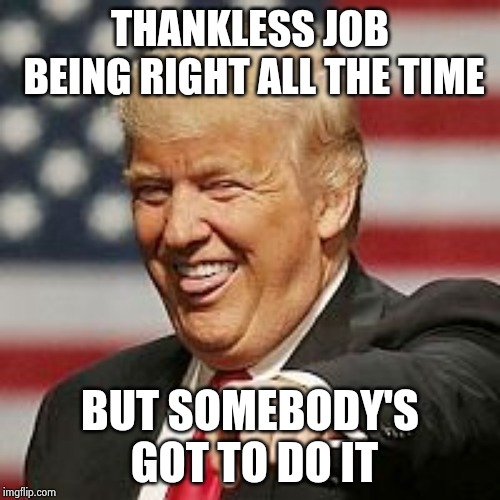 Trump Laughing | THANKLESS JOB BEING RIGHT ALL THE TIME BUT SOMEBODY'S GOT TO DO IT | image tagged in trump laughing | made w/ Imgflip meme maker