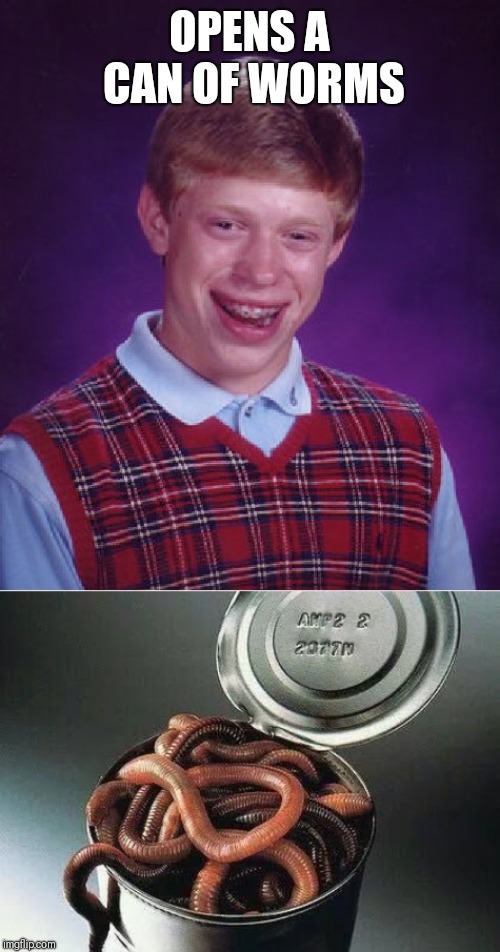 OPENS A CAN OF WORMS | image tagged in memes,bad luck brian,can of worms | made w/ Imgflip meme maker