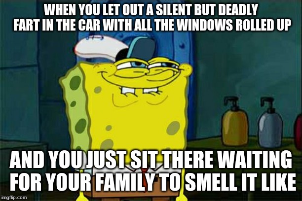 Don't You Squidward Meme | WHEN YOU LET OUT A SILENT BUT DEADLY FART IN THE CAR WITH ALL THE WINDOWS ROLLED UP; AND YOU JUST SIT THERE WAITING FOR YOUR FAMILY TO SMELL IT LIKE | image tagged in memes,dont you squidward | made w/ Imgflip meme maker