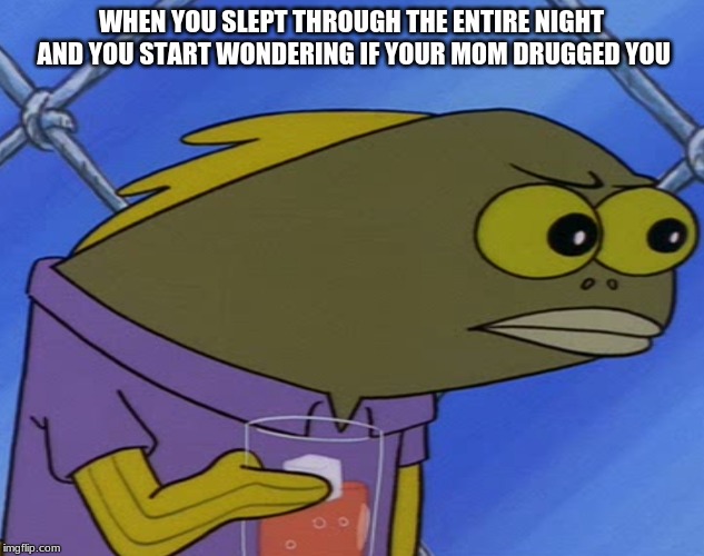 spongebobfish | WHEN YOU SLEPT THROUGH THE ENTIRE NIGHT AND YOU START WONDERING IF YOUR MOM DRUGGED YOU | image tagged in spongebobfish | made w/ Imgflip meme maker