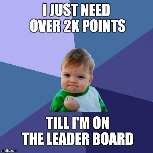 Success Kid Meme | I JUST NEED OVER 2K POINTS; TILL I'M ON THE LEADER BOARD | image tagged in memes,success kid | made w/ Imgflip meme maker