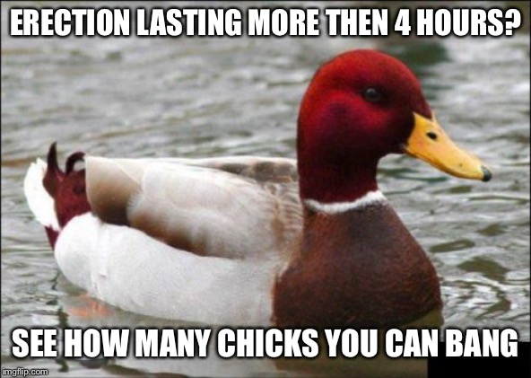 Malicious Advice Mallard Meme | ERECTION LASTING MORE THEN 4 HOURS? SEE HOW MANY CHICKS YOU CAN BANG | image tagged in memes,malicious advice mallard | made w/ Imgflip meme maker