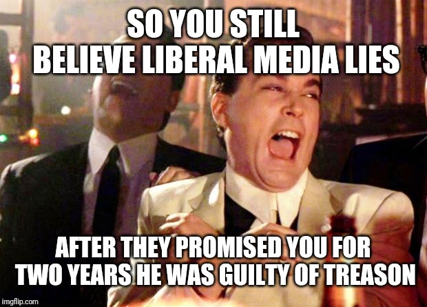 Gooffellas | SO YOU STILL BELIEVE LIBERAL MEDIA LIES; AFTER THEY PROMISED YOU FOR TWO YEARS HE WAS GUILTY OF TREASON | image tagged in gooffellas | made w/ Imgflip meme maker