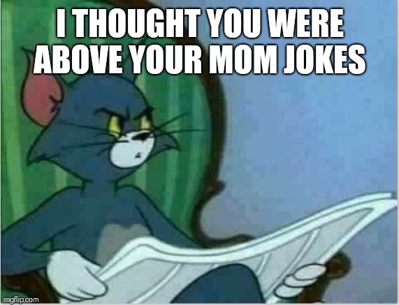 Interrupting Tom's Read | I THOUGHT YOU WERE ABOVE YOUR MOM JOKES | image tagged in interrupting tom's read | made w/ Imgflip meme maker