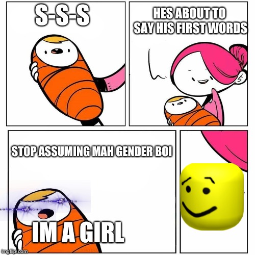 baby's first word | HES ABOUT TO SAY HIS FIRST WORDS; S-S-S; STOP ASSUMING MAH GENDER BOI; IM A GIRL | image tagged in baby's first word | made w/ Imgflip meme maker