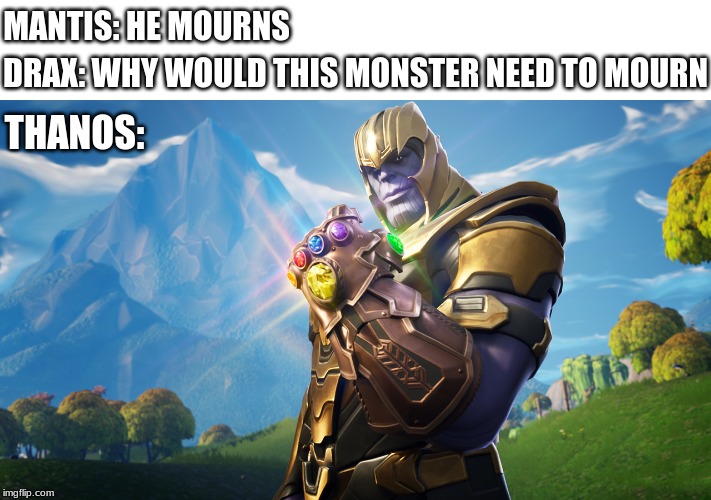 Why Thanos mourns | MANTIS: HE MOURNS; DRAX: WHY WOULD THIS MONSTER NEED TO MOURN; THANOS: | image tagged in thanos,fortnite,forget gamora | made w/ Imgflip meme maker