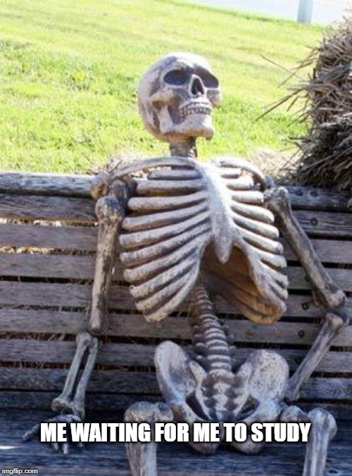 Waiting Skeleton Meme | ME WAITING FOR ME TO STUDY | image tagged in memes,waiting skeleton | made w/ Imgflip meme maker