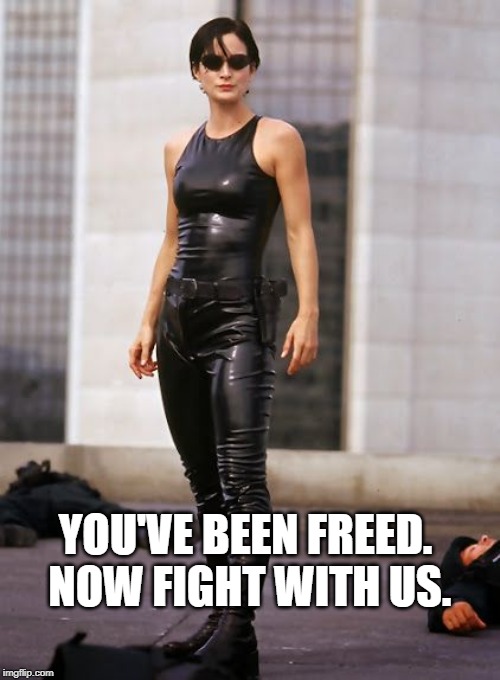 Trinity | YOU'VE BEEN FREED. NOW FIGHT WITH US. | image tagged in trinity | made w/ Imgflip meme maker