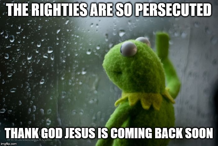 kermit window | THE RIGHTIES ARE SO PERSECUTED THANK GOD JESUS IS COMING BACK SOON | image tagged in kermit window | made w/ Imgflip meme maker