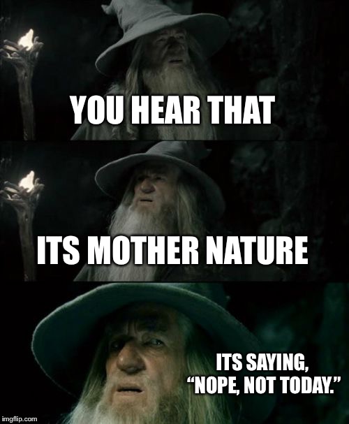 When you hear the rain start to hit the outside of the building... | YOU HEAR THAT; ITS MOTHER NATURE; ITS SAYING, “NOPE, NOT TODAY.” | image tagged in memes,confused gandalf,funny memes | made w/ Imgflip meme maker