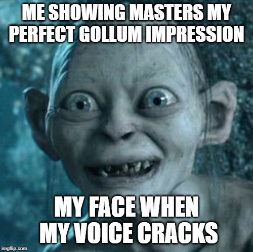 Gollum Meme | ME SHOWING MASTERS MY PERFECT GOLLUM IMPRESSION; MY FACE WHEN MY VOICE CRACKS | image tagged in memes,gollum | made w/ Imgflip meme maker