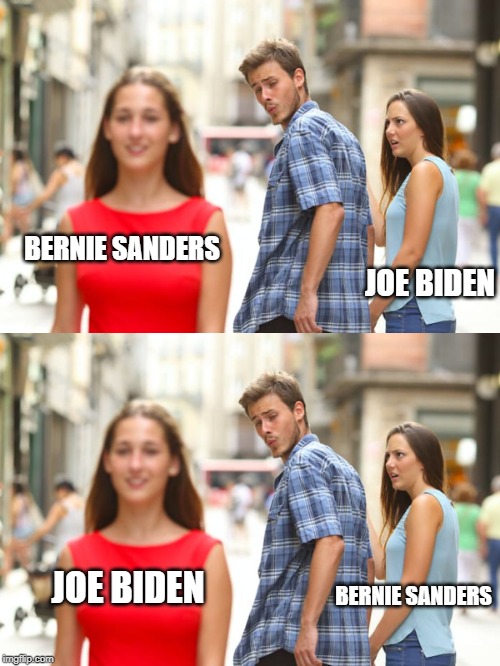 BERNIE SANDERS; JOE BIDEN; JOE BIDEN; BERNIE SANDERS | image tagged in memes,distracted boyfriend | made w/ Imgflip meme maker