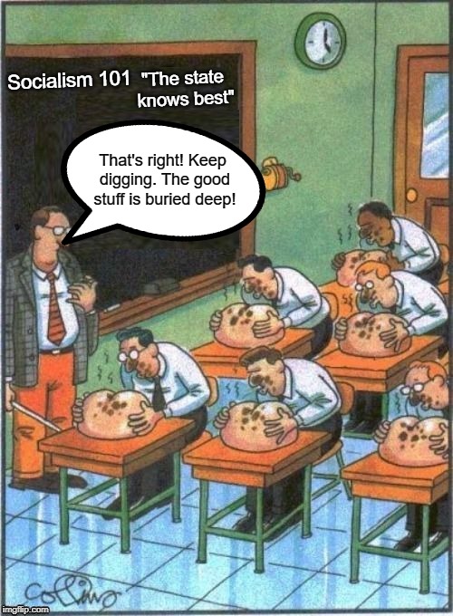 Statism on it's best day | "The state knows best"; Socialism 101; That's right! Keep digging. The good stuff is buried deep! | image tagged in socialism,statism | made w/ Imgflip meme maker