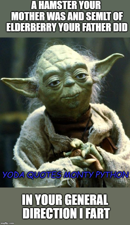 Yoda Quotes Monty Python | A HAMSTER YOUR MOTHER WAS AND SEMLT OF ELDERBERRY YOUR FATHER DID; YODA QUOTES MONTY PYTHON; IN YOUR GENERAL DIRECTION I FART | image tagged in memes,star wars yoda | made w/ Imgflip meme maker