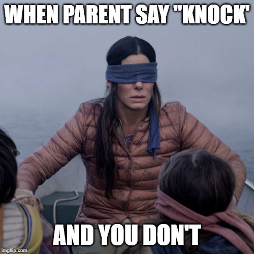 Bird Box Meme | WHEN PARENT SAY "KNOCK'; AND YOU DON'T | image tagged in memes,bird box | made w/ Imgflip meme maker