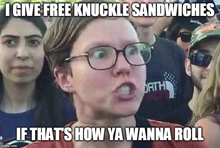 meme angry woman | I GIVE FREE KNUCKLE SANDWICHES IF THAT'S HOW YA WANNA ROLL | image tagged in meme angry woman | made w/ Imgflip meme maker