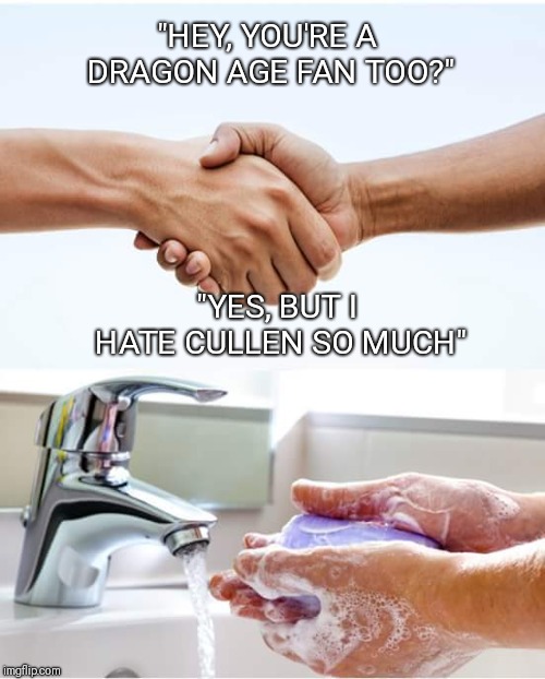 Shake and wash hands | "HEY, YOU'RE A DRAGON AGE FAN TOO?"; "YES, BUT I HATE CULLEN SO MUCH" | image tagged in shake and wash hands | made w/ Imgflip meme maker