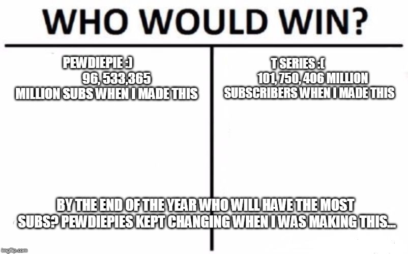 Who Would Win? | PEWDIEPIE :)               96, 533,365 MILLION SUBS WHEN I MADE THIS; T SERIES :(             101, 750, 406 MILLION SUBSCRIBERS WHEN I MADE THIS; BY THE END OF THE YEAR WHO WILL HAVE THE MOST SUBS? PEWDIEPIES KEPT CHANGING WHEN I WAS MAKING THIS... | image tagged in memes,who would win | made w/ Imgflip meme maker