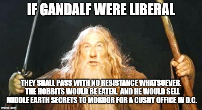 you shall not pass | IF GANDALF WERE LIBERAL; THEY SHALL PASS WITH NO RESISTANCE WHATSOEVER.  THE HOBBITS WOULD BE EATEN.  AND HE WOULD SELL MIDDLE EARTH SECRETS TO MORDOR FOR A CUSHY OFFICE IN D.C. | image tagged in you shall not pass | made w/ Imgflip meme maker