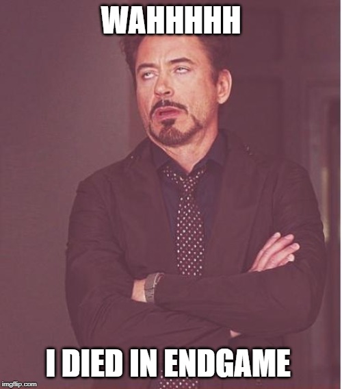 Face You Make Robert Downey Jr | WAHHHHH; I DIED IN ENDGAME | image tagged in memes,face you make robert downey jr | made w/ Imgflip meme maker