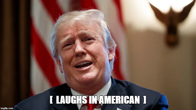 Trump Laugh | [  LAUGHS IN AMERICAN  ] | image tagged in trump,donald,american,laugh in american,laugh | made w/ Imgflip meme maker