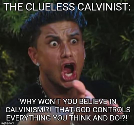 DJ Pauly D Meme | THE CLUELESS CALVINIST:; "WHY WON'T YOU BELIEVE IN CALVINISM!?!  THAT GOD CONTROLS EVERYTHING YOU THINK AND DO!?!" | image tagged in memes,dj pauly d | made w/ Imgflip meme maker