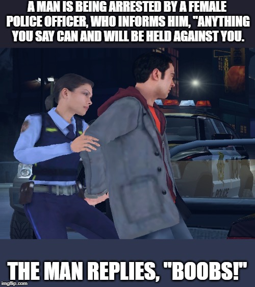 They Don't Call Em Miranda Rights for Nothing | A MAN IS BEING ARRESTED BY A FEMALE POLICE OFFICER, WHO INFORMS HIM, "ANYTHING YOU SAY CAN AND WILL BE HELD AGAINST YOU. THE MAN REPLIES, "BOOBS!" | image tagged in female cop | made w/ Imgflip meme maker