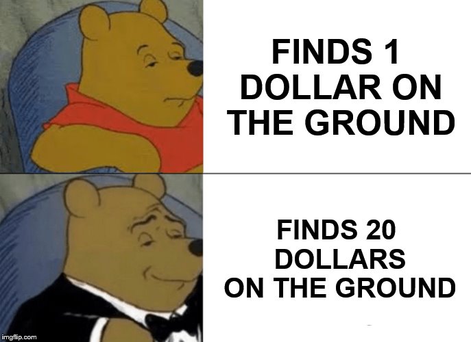 Tuxedo Winnie The Pooh | FINDS 1 DOLLAR ON THE GROUND; FINDS 20 DOLLARS ON THE GROUND | image tagged in memes,tuxedo winnie the pooh | made w/ Imgflip meme maker