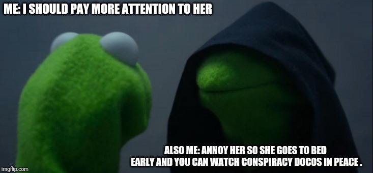 Evil Kermit | ME: I SHOULD PAY MORE ATTENTION TO HER; ALSO ME: ANNOY HER SO SHE GOES TO BED EARLY AND YOU CAN WATCH CONSPIRACY DOCOS IN PEACE . | image tagged in memes,evil kermit | made w/ Imgflip meme maker