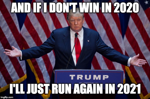 Donald Trump | AND IF I DON'T WIN IN 2020; I'LL JUST RUN AGAIN IN 2021 | image tagged in donald trump | made w/ Imgflip meme maker
