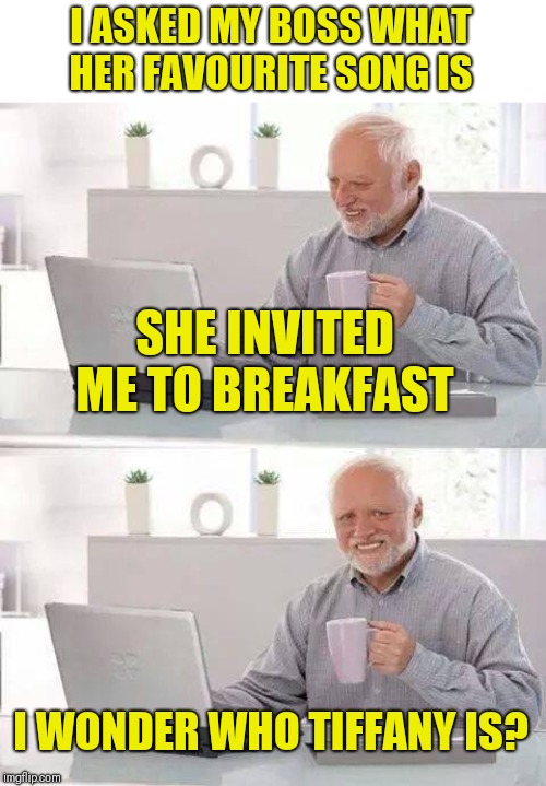 Hide the Pain Harold | I ASKED MY BOSS WHAT HER FAVOURITE SONG IS; SHE INVITED ME TO BREAKFAST; I WONDER WHO TIFFANY IS? | image tagged in memes,hide the pain harold,breakfast at tiffany's,deep blue something | made w/ Imgflip meme maker