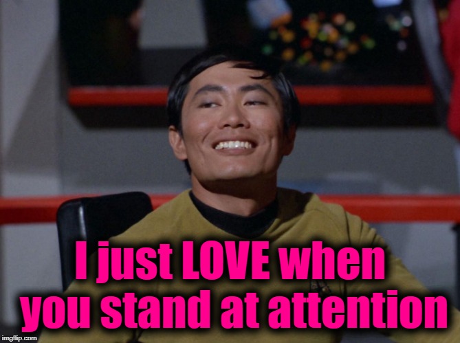 Sulu smug | I just LOVE when you stand at attention | image tagged in sulu smug | made w/ Imgflip meme maker