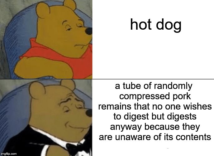 overcomplicated explanation of a hot dog | hot dog; a tube of randomly compressed pork remains that no one wishes to digest but digests anyway because they are unaware of its contents | image tagged in memes,tuxedo winnie the pooh | made w/ Imgflip meme maker