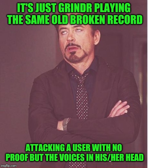 Face You Make Robert Downey Jr Meme | IT'S JUST GRINDR PLAYING THE SAME OLD BROKEN RECORD ATTACKING A USER WITH NO PROOF BUT THE VOICES IN HIS/HER HEAD | image tagged in memes,face you make robert downey jr | made w/ Imgflip meme maker