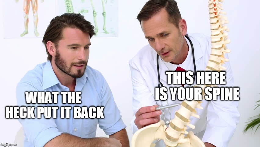 Not my original idea so I submitted it in repost | THIS HERE IS YOUR SPINE; WHAT THE HECK PUT IT BACK | image tagged in doctor,funny memes | made w/ Imgflip meme maker