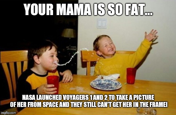 Yo Mamas So Fat Meme | YOUR MAMA IS SO FAT... NASA LAUNCHED VOYAGERS 1 AND 2 TO TAKE A PICTURE OF HER FROM SPACE AND THEY STILL CAN'T GET HER IN THE FRAME! | image tagged in memes,yo mamas so fat | made w/ Imgflip meme maker