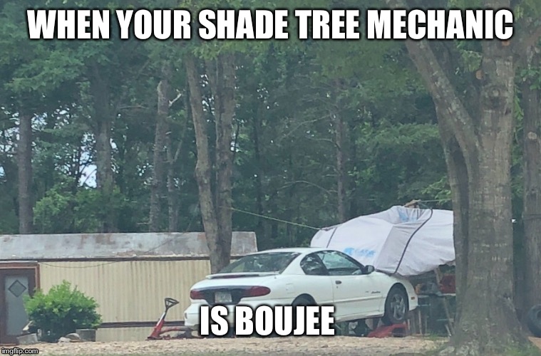 WHEN YOUR SHADE TREE MECHANIC; IS BOUJEE | image tagged in memes,trailer park,mechanic | made w/ Imgflip meme maker