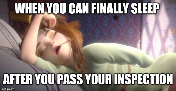 Frozen Anna Sleeping | WHEN YOU CAN FINALLY SLEEP; AFTER YOU PASS YOUR INSPECTION | image tagged in frozen anna sleeping | made w/ Imgflip meme maker