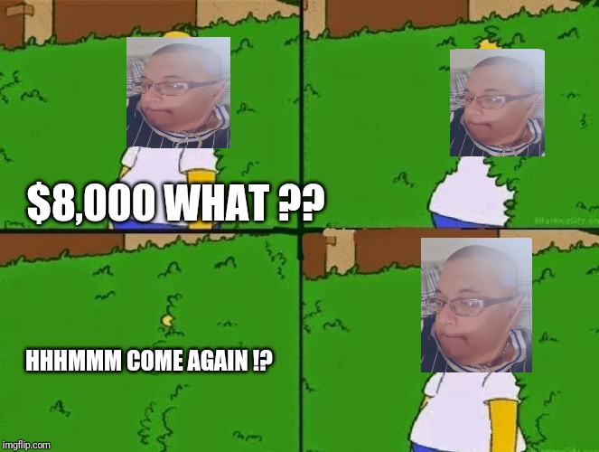 HOMER BUSH | $8,000 WHAT ?? HHHMMM COME AGAIN !? | image tagged in homer bush | made w/ Imgflip meme maker