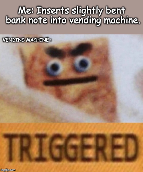 Me: Inserts slightly bent bank note into vending machine. VENDING MACHINE : | image tagged in angry cracker | made w/ Imgflip meme maker