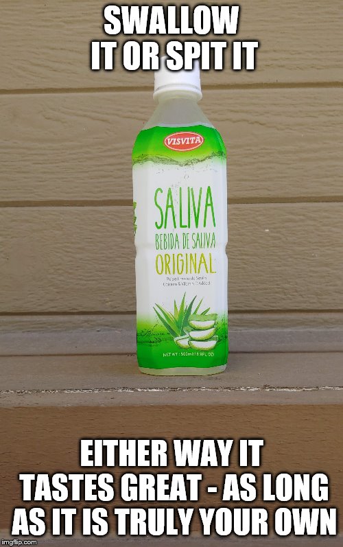 Saliva | SWALLOW IT OR SPIT IT; EITHER WAY IT TASTES GREAT - AS LONG AS IT IS TRULY YOUR OWN | image tagged in spit,drinks | made w/ Imgflip meme maker